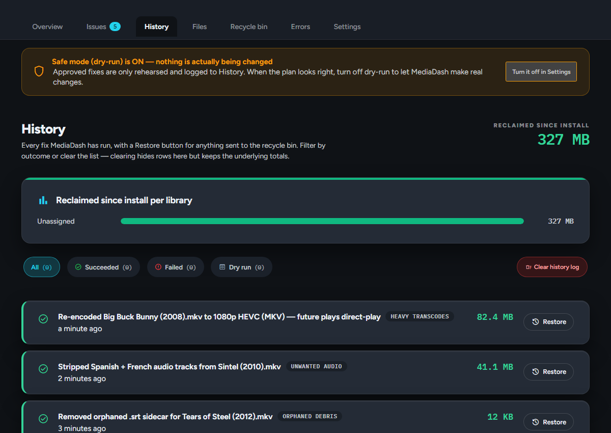 History tab: per-library savings and per-fix Restore buttons
