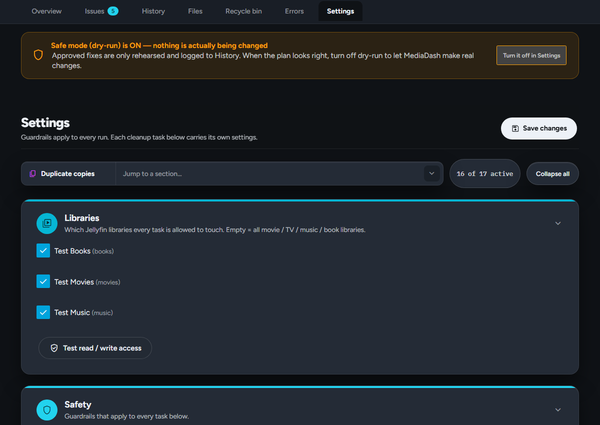 Settings tab: per-issue-type fix modes